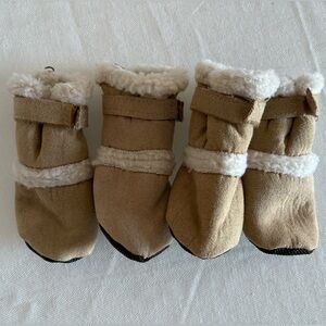 Tan Faux Suede Fleece Lined Small Dog Booties with Velcro Straps